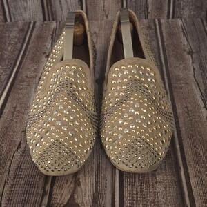 Sz 6 M Donald J Pliner Henley Studded Suede Loafers Tan Gold Silver Shoes VGUC